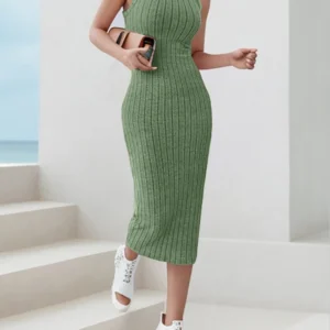 Dresses for Women  Solid Halter Neck Bodycon Ribbed Knit Tank Dress